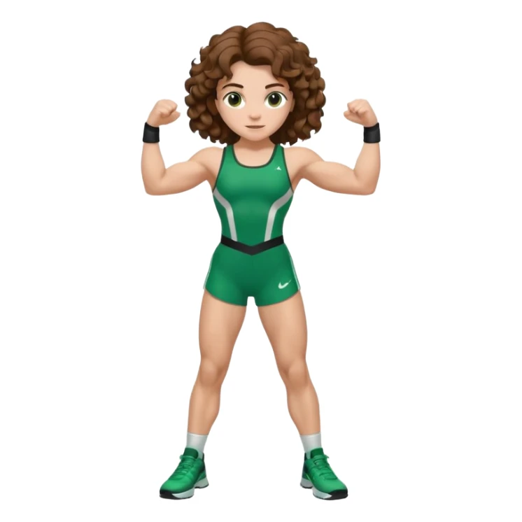 flexing muscles, big biceps, muscled torso, very beautiful italian girl, looking like Emma Watson, with curly and big volume very bright brown hair, dressed in a beautiful green sports costume, full body sticker