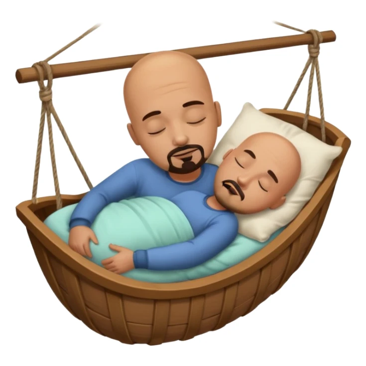 a bald, tan man who has a black goatee sleeping in a cradle sticker