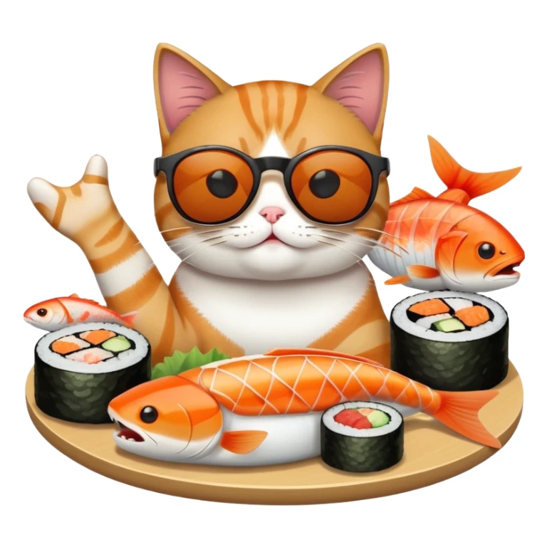 cat wearing sunglasses, looking cocky, eating sushi with more fish around sticker