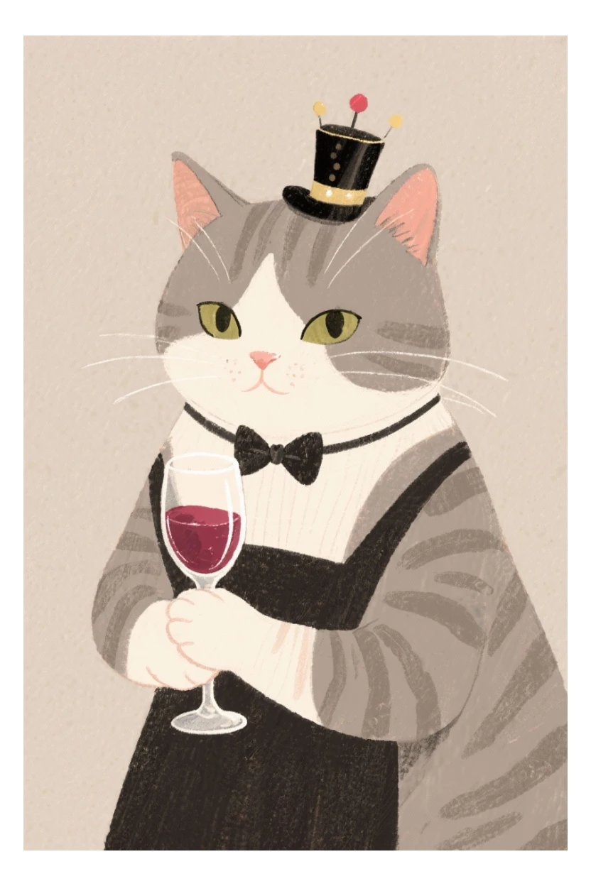 кот с бокалом вина в лапе в нарисованном стиле с нейтральным фоном sticker