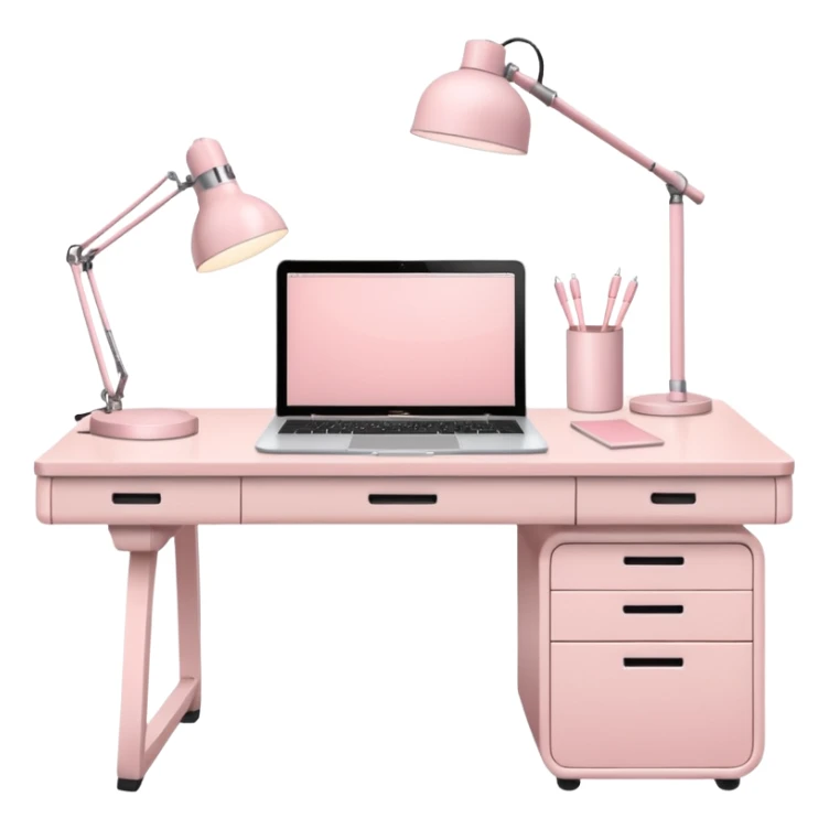 Pale Pink  Big Workstation desk and Light Pale Pink book and Light Pale Pink wide desk lamp and Light Pale Pink lap top sticker