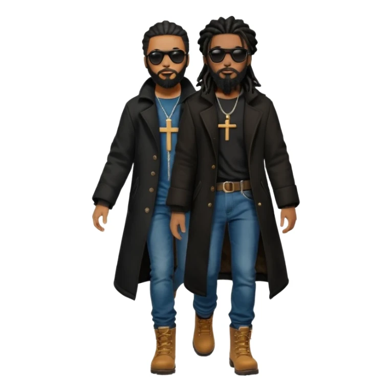 African American man with shoulder length black dreadlocks with black beard wearing black sunglasses wearing a black bubble winter coat wearing denim skinny jeans wearing wheat timberland boots walking with a dove and African American Jesus Christ behind him sticker