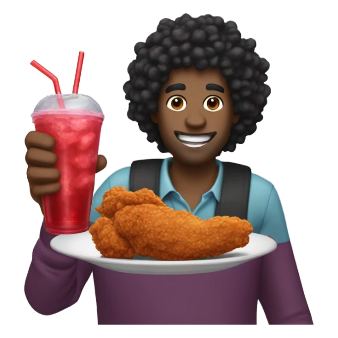 tall black curly hair man eating fried chicken and drinking grape koolaid sticker