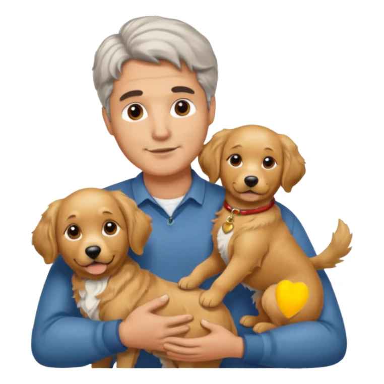 Italian man with salt and pepper hair holding a golden retriever dog sticker