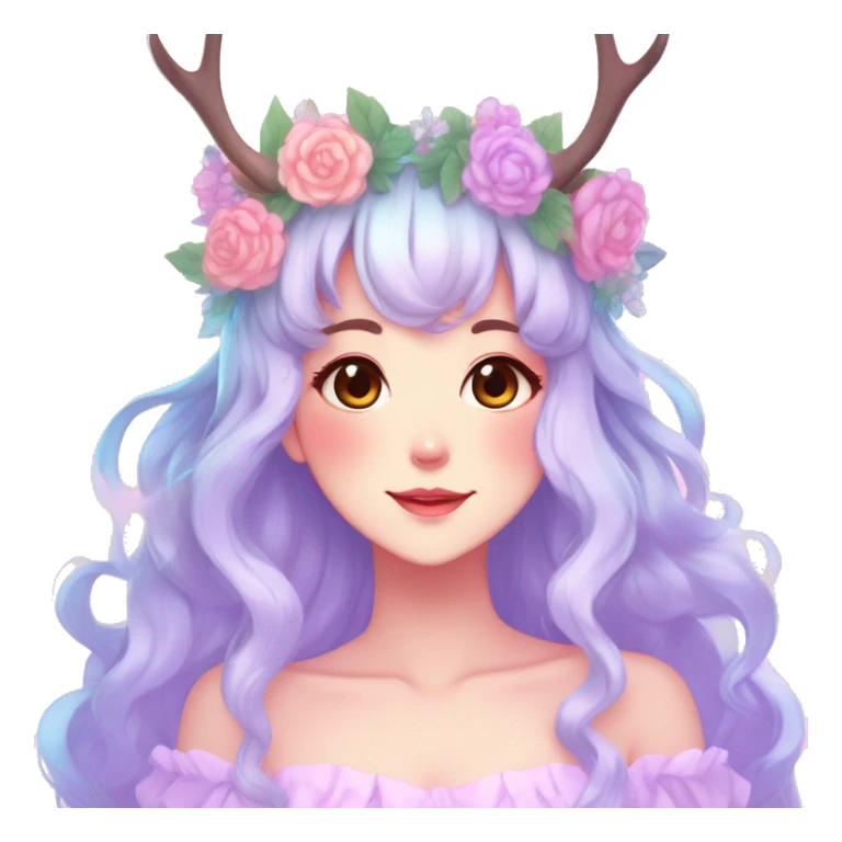 Gorgeous Shiny Colorful Pastel Anime Style Mature Lady with blushing face and pretty hair with a flower crown and antlers pastelcore kawaii cottagecore fairycore aesthetic trending style sticker