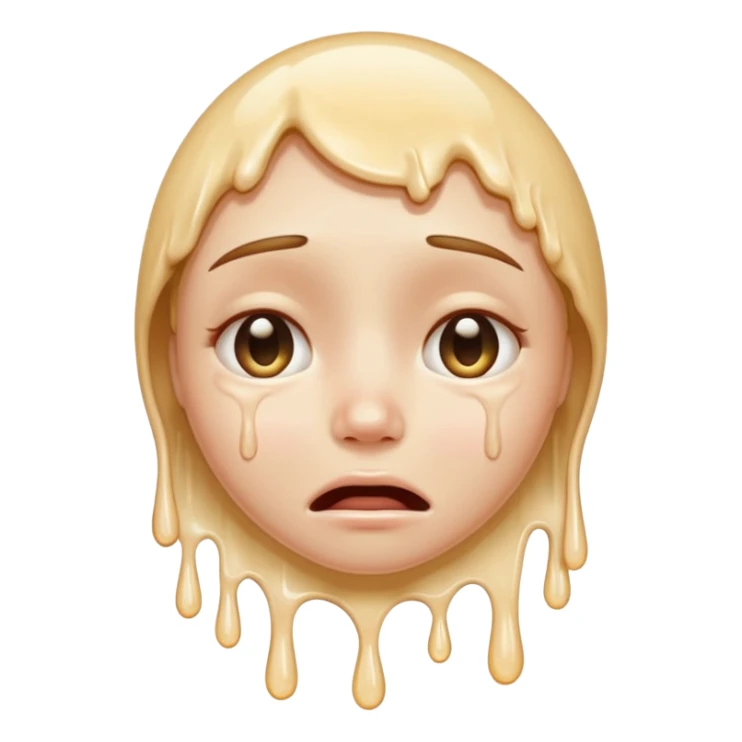 softly smiling crying face that appears to be melting downward, large glossy drip like emoji, combined with the smooth dissolving lower half similar to the melting face. ‘I’m okay :) but absolutely not okay’ sticker