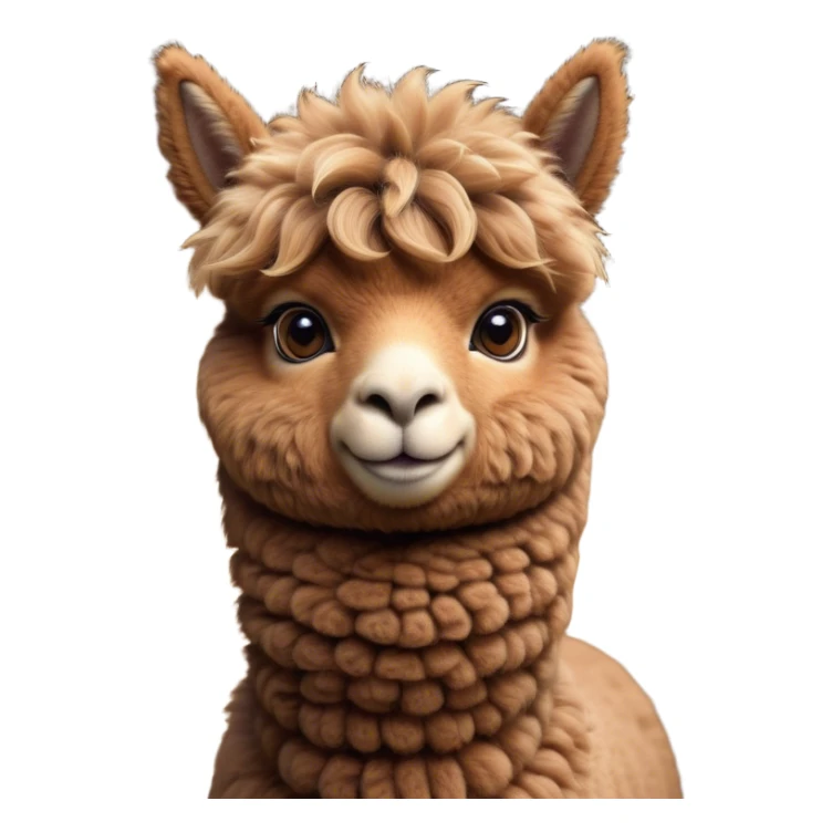 Cinematic Cute Brown Alpaca Portrait Emoji, Head tilted playfully and inquisitively, featuring a plush, rich brown fleece with a natural sheen, round, sparkling warm eyes filled with curiosity, Simplified yet irresistibly adorable features, highly detailed, glowing with a warm, friendly glow, high shine, affectionate and gentle, stylized with a touch of whimsy, bright and endearing, soft glowing outline, capturing the essence of a mischievous yet loving alpaca, so playful it feels like it could prance out of the screen and into your arms! sticker