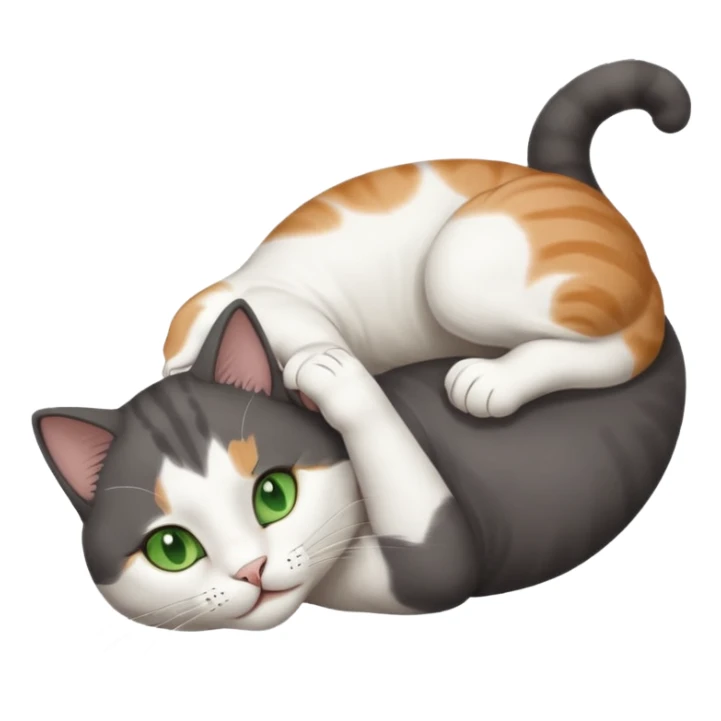 beautiful female solid dark grey cat with green eyes, white toes/paws and white patch on her chest playfully rolling upside down sticker