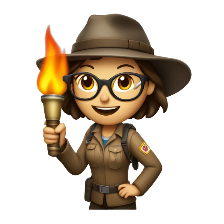 Brunette lady explorer in dark rimmed glasses holding burning torch overhead sticker