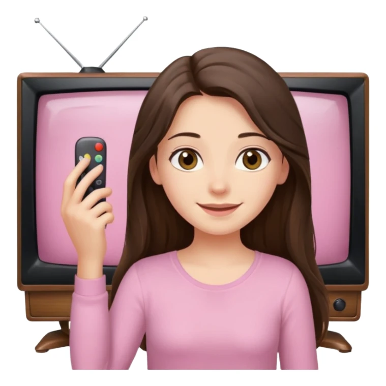 happy long haired brunette girl hazel eyes in light pink watching tv sticker