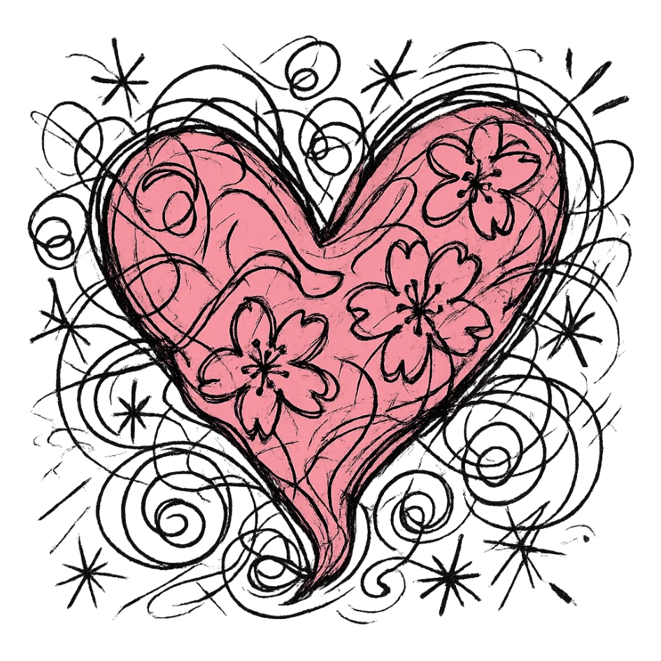 pink heart with sakura flowers, chaotic doodle style sticker