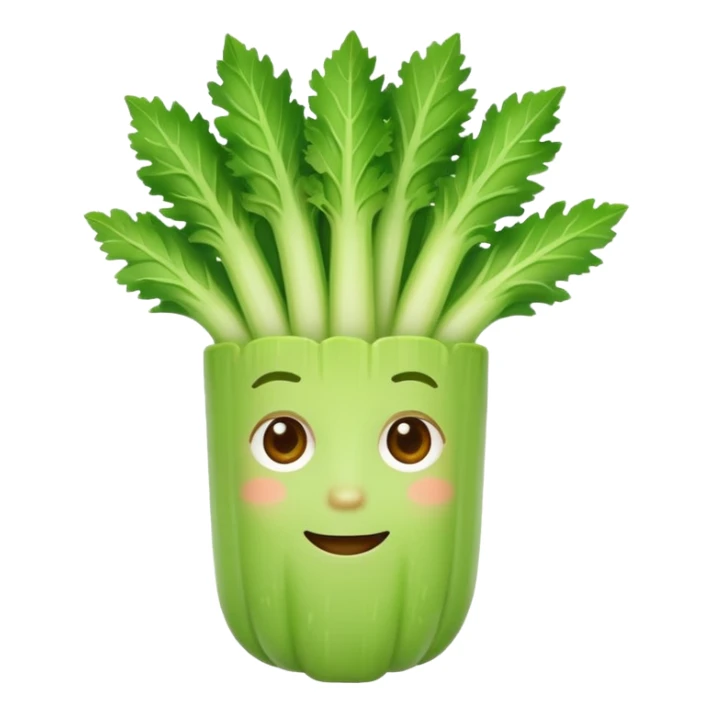 Friendly celery emoji avatar, cute and minimalistic style, warm eyes and gentle smile, flat design, soft shapes, clean modern look, highly recognizable at small sizes, centered composition, transparent or solid background, app icon quality. sticker