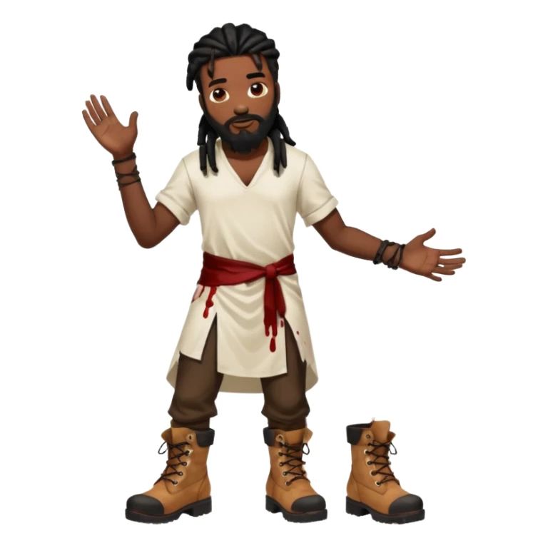 African American man with shoulder length black dreadlocks with black beard wearing a white tunic with blood on it wearing timberland boots with hands out clean sticker