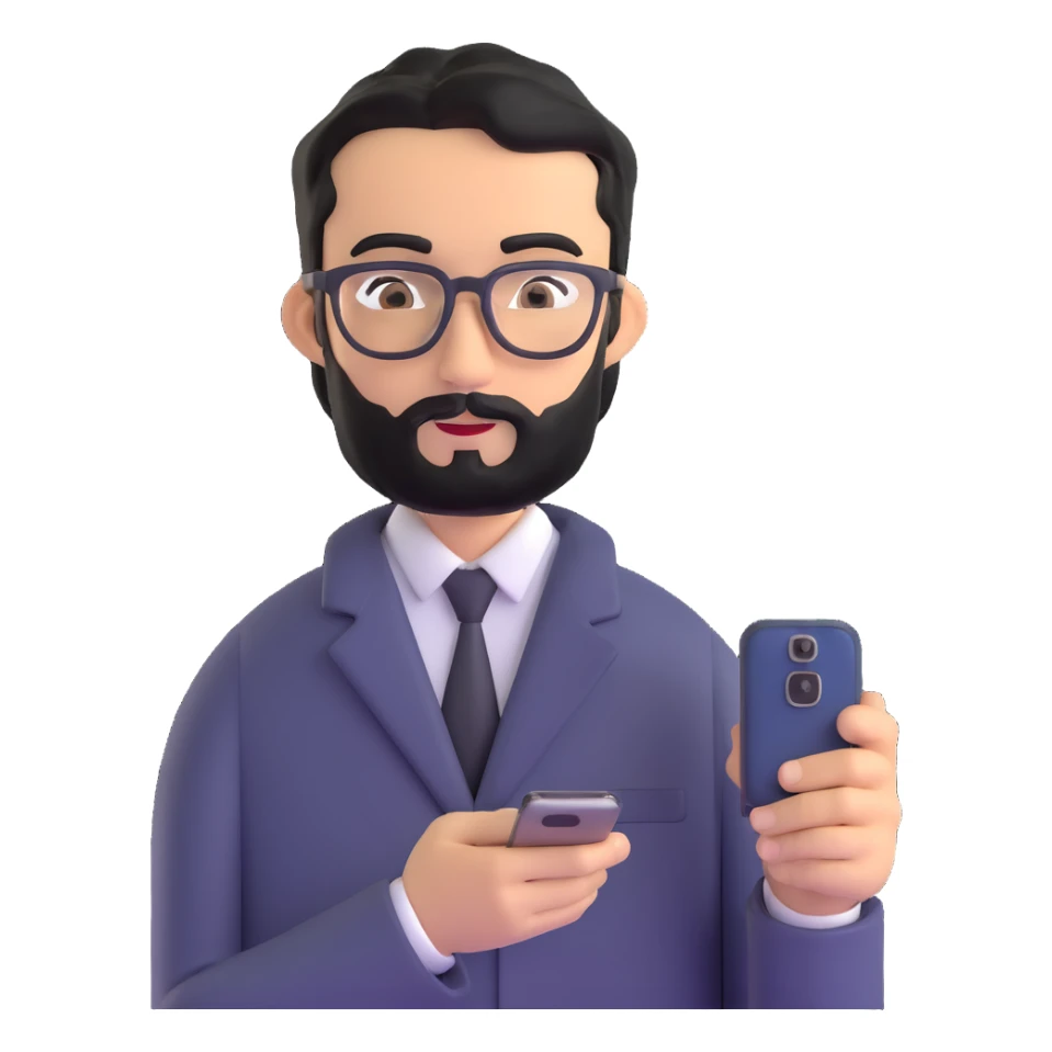 full body standing pose of same professional man with medium black beard, neat black hair, connected unibrow, olive tan skin, brown eyes, glasses, prominent nose, dressed in formal black jacket, with mobile phone sticker