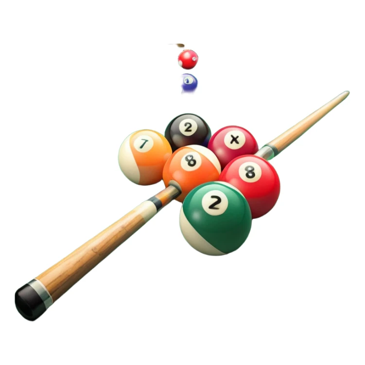 Two crossed pool cues resting on a billiard table, with colorful billiard balls scattered across the surface. The background features the felt of the table, creating an inviting atmosphere for a game of precision and strategy sticker