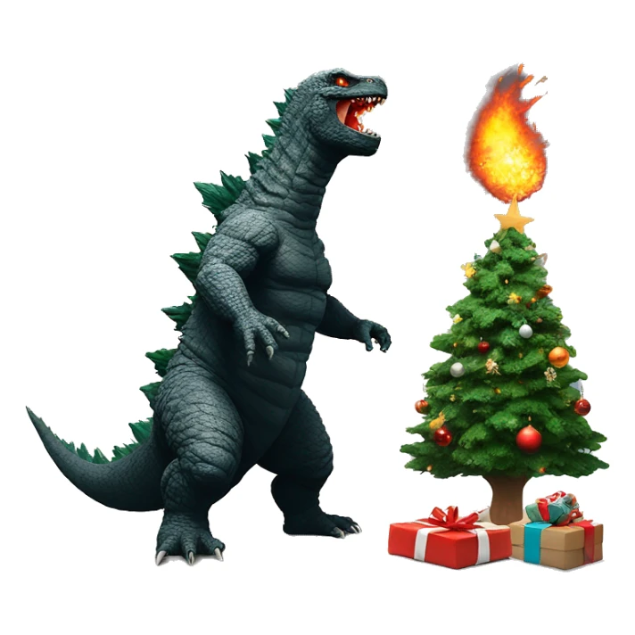 Godzilla destroying a Christmas tree with fire breath sticker