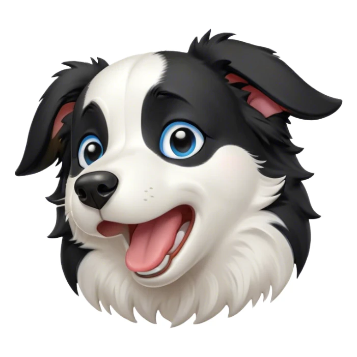 Cinematic Cute Yawning Border Collie Portrait Emoji, Head tilted slightly with a dramatic, wide-open yawn, showcasing a smooth black and white coat, floppy ears slightly drooping, round blue eyes barely open in drowsy contentment, Simplified yet irresistibly adorable features, highly detailed, glowing with a soft, cozy glow, high shine, relaxed yet alert, stylized with a touch of whimsy, bright and endearing, soft glowing outline, capturing the essence of a sleepy yet spirited herder, so drowsy it feels like it could stretch right out of the screen and curl up for a nap! sticker
