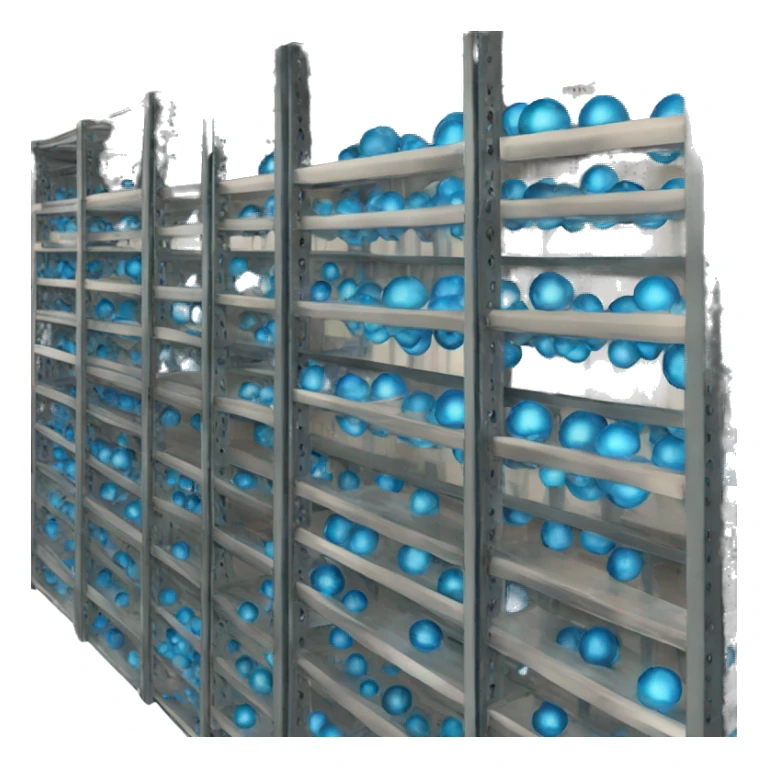 tall metal shelves with many blue orb prophecies sticker