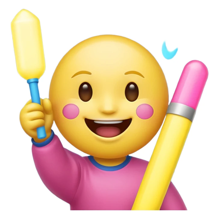 An excited yellow emoji face with closed smiling eyes and blushing cheeks, cheering enthusiastically while holding up two glow sticks (one blue, one pink). It represents high energy, fandom, and celebration. sticker