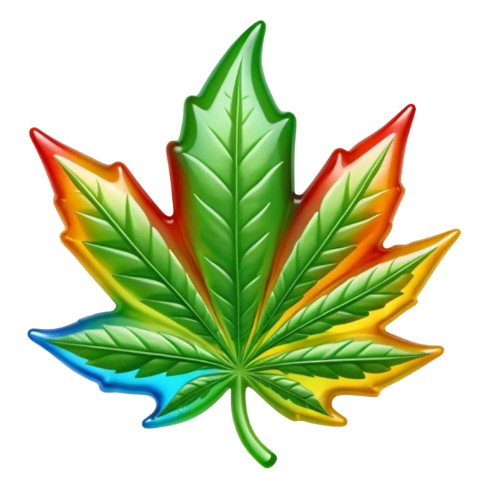 colorful shiny gusher gummy shaped like a cannabis leaf with a bite mark showing the liquid center sticker