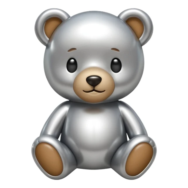 A cute teddy bear emoji made of liquid silver chrome, smooth rounded body, glossy metallic surface, soft reflections, friendly proportions, iOS emoji style, centered, clean white background sticker