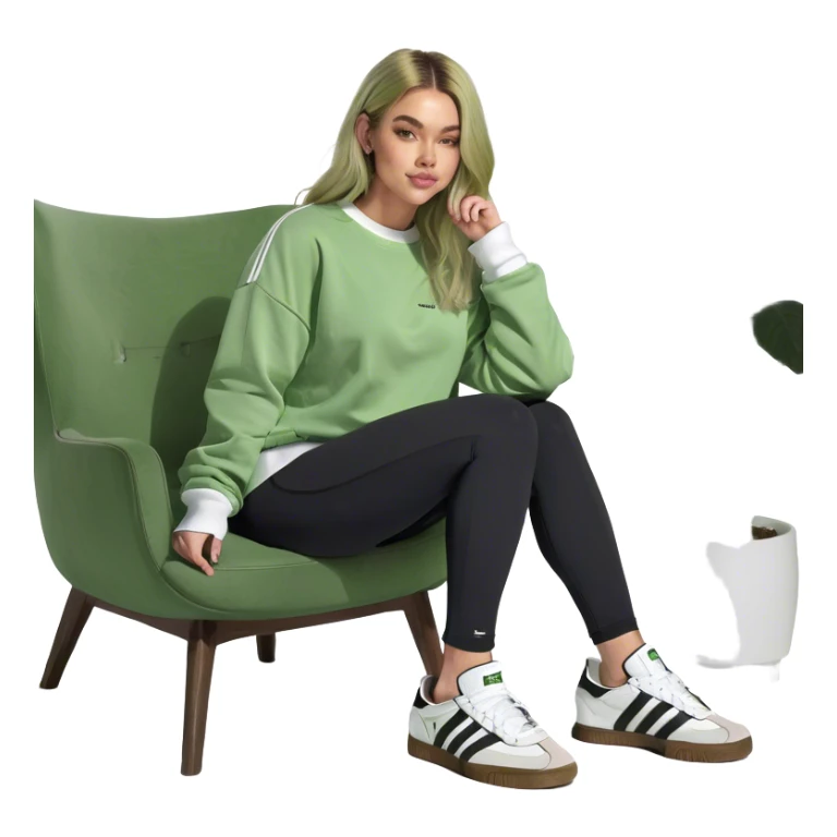 Girl long bright blonde highlighted hair middle part with rosy cheeks and plump mauve lips green eyes and wearing a white sweatshirt and black leggings with black and white adidas OG Samba sneakers sitting in a cozy chair posing with legs over the side of chair  sticker