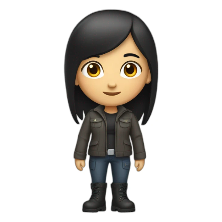 Small white woman with black hair halfway down her back, dressed in logistic clothes and boots. sticker