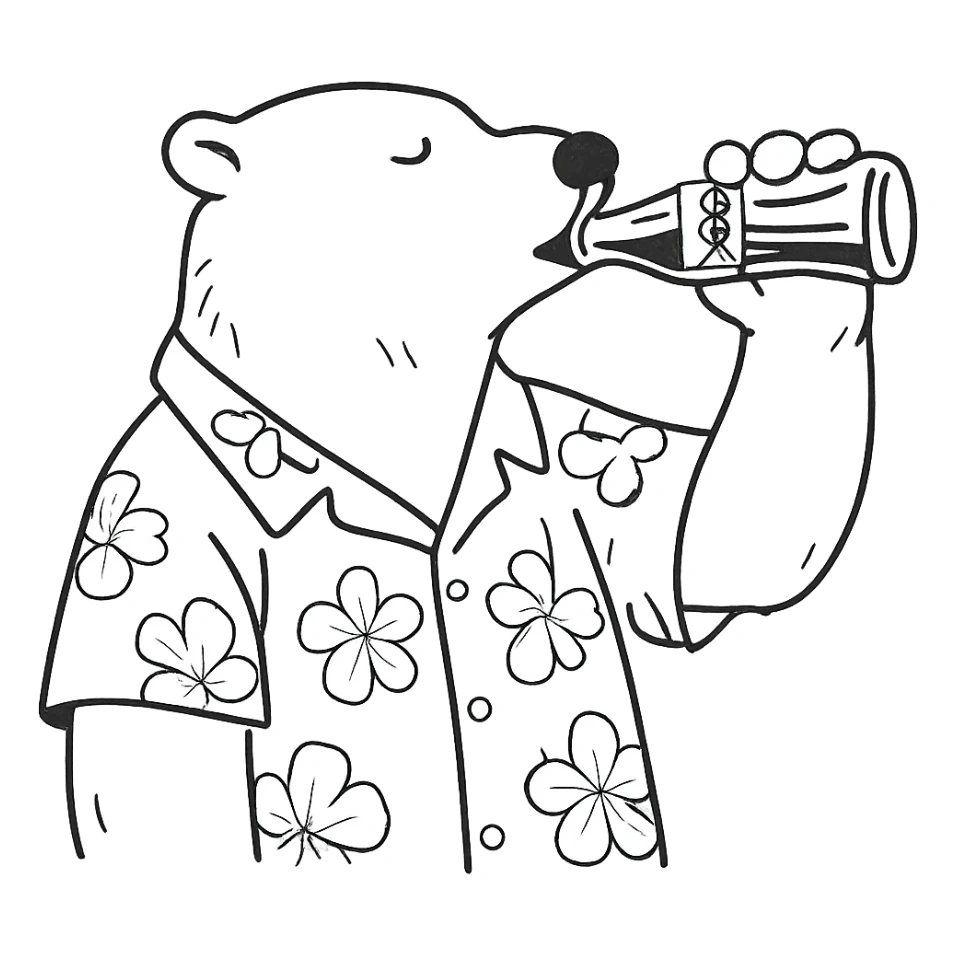 hand-drawn outline style polar bear in a Hawaiian shirt drinking Coca Cola sticker