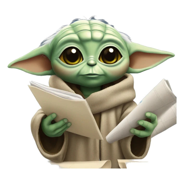Baby Yoda is holding a smartphone, checking construction plans sticker