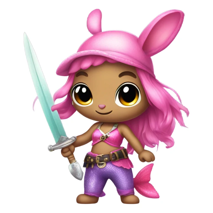 Rainbow mermaid bunny wearing pink pirate clothes and sword sticker