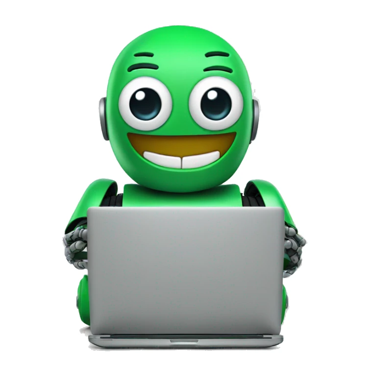 happy robot in laptop wearing green t-shirt sticker