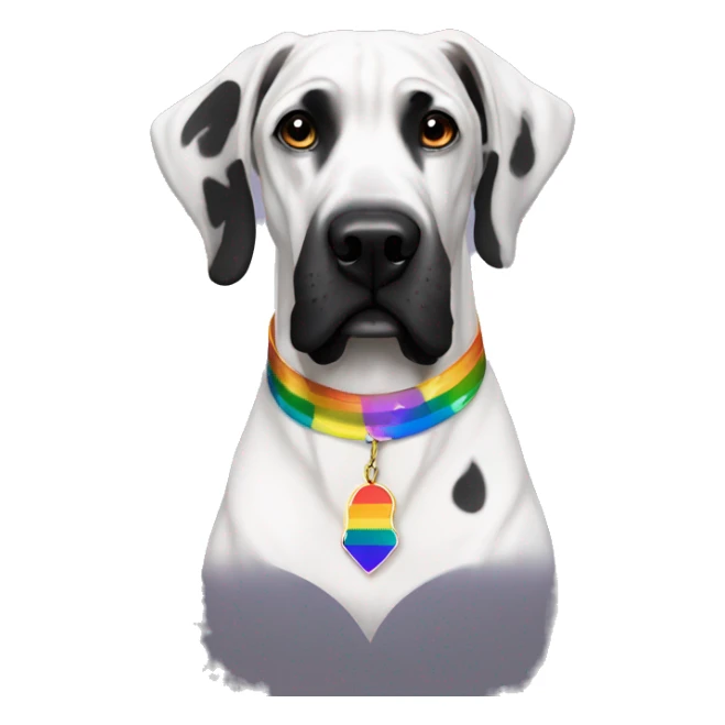 black and white great dane with a rainbow pride collar sticker