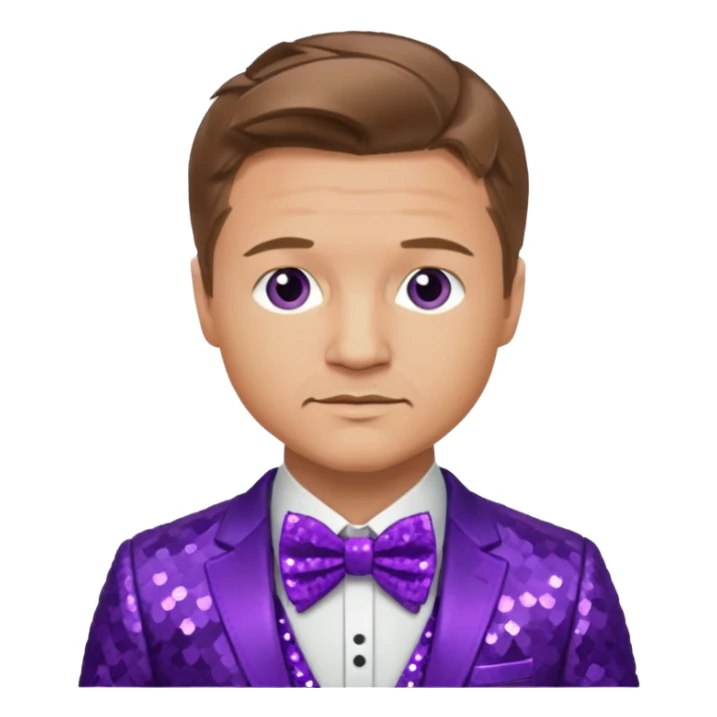 Jeremy Renner with light brown hair, purple sequin suit with bow tie sticker