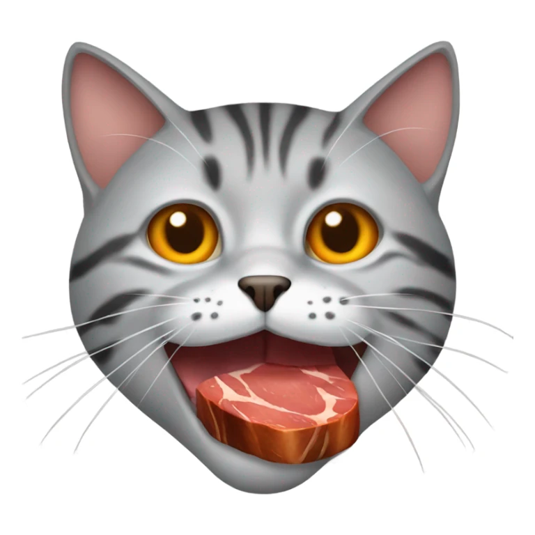 cat with Steak in the mouth. The cat is Orange  sticker