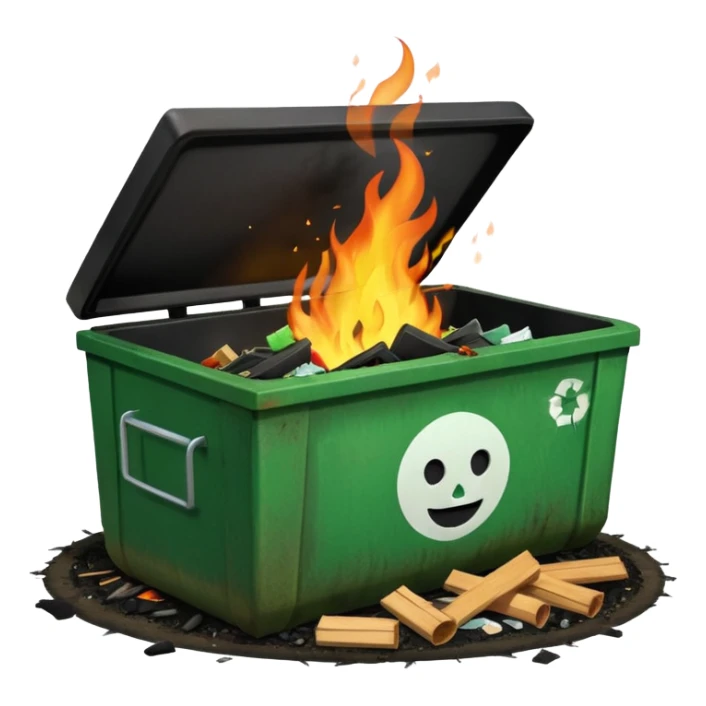 Green happy dumpster with an open black lid and a fire burning only inside it. there is litter and trash on the ground around it not burning sticker