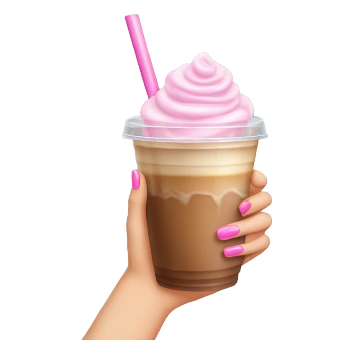 Hand with pink nails holding an iced coffee sticker