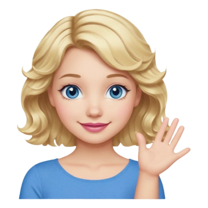 Girl Blonde short wavy hair,  blue eyes, cute blue top, long lashes, pink lips, smiling, one hand 🤷🏼‍♀️  sticker