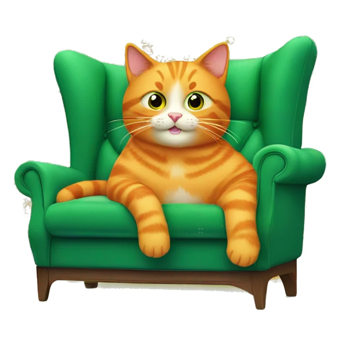 A happy orange cat sits on a green sofa, holding a tablet, with a large screen showing colorful patterns in the background. sticker