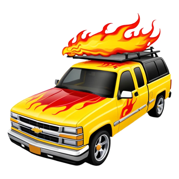 Bright yellow 1997 Chevy Silverado with custom airbrushed red flame paint job on hood extending to sides, exactly as in Kill Bill 'Pussy Wagon', 30-degree angle, iOS emoji style sticker