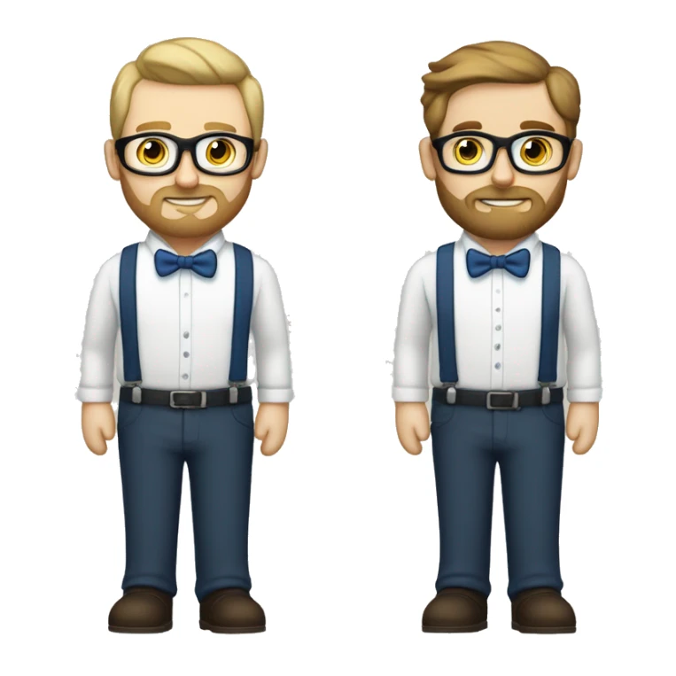 two groom, one with a dark beard and glasses and the other lighter beard with light hair and white skin. both same skin tone, wearing white shirts with blue suspenders and bowties sticker