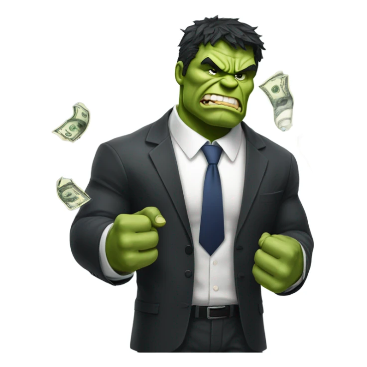 Hulk in torn business suit offering money sticker