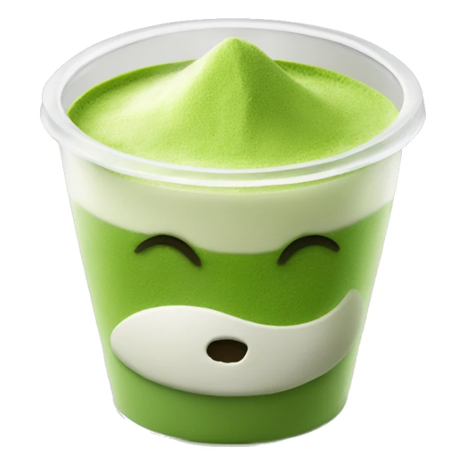Creamy coconut matcha - no face - placed in a transparent cup topped with few matcha powder sticker