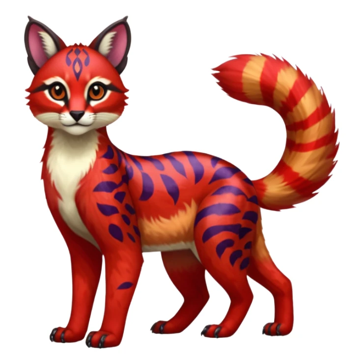Vibrant-colored red-furred colorful painted marked patterned Asian glorious divine exotic cute cool beautiful shiny beautiful fantasy-caracal-civet-genet-sergal-vernid-Cacomistle-oncilla-animal-Fakémon-hybrid-fursona (full body) sticker