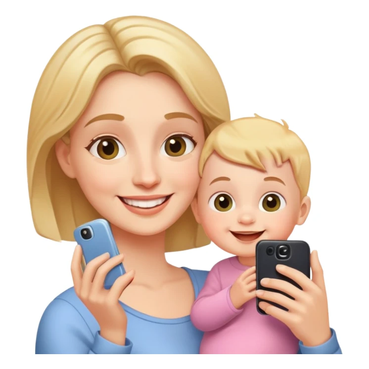 happy mother holding phone taking selfie with smiling baby sticker