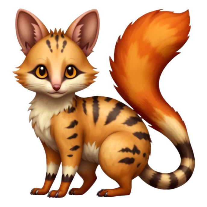 realistic  ember-rust copper fur molten with glowing magma seams and smoky tips beautiful elegant pretty precious cute  Fakémon-Pokémon-opossum-feline-serval-caracal-chinchilla-Furret-Minccino-hybrid-creature with a big fluffy bushy tail (full body) sticker
