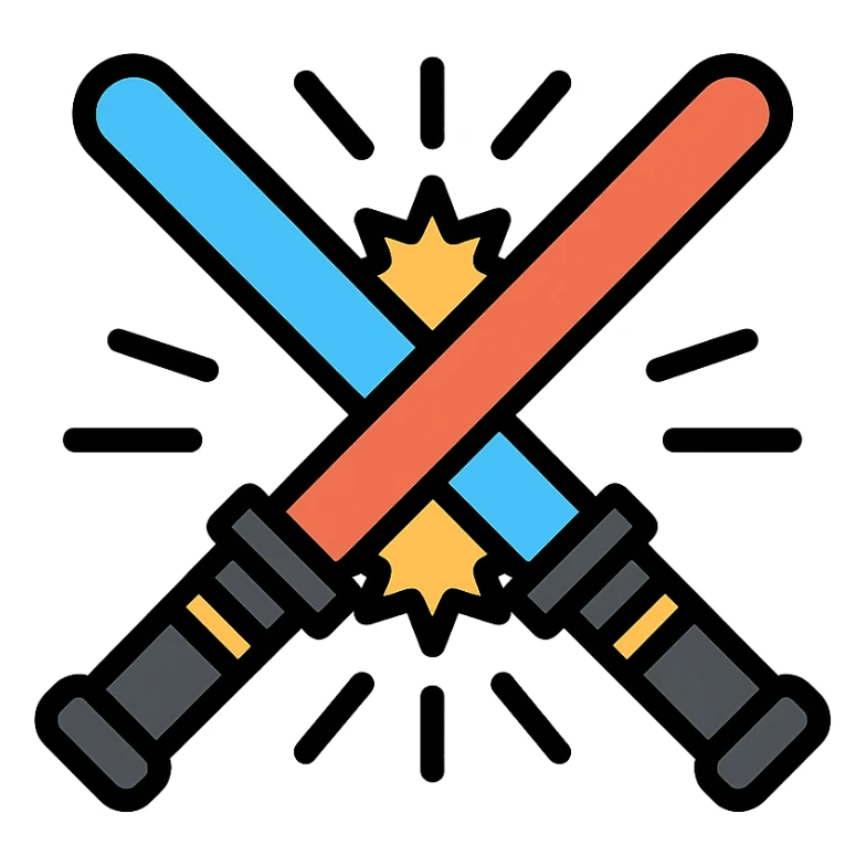 blue and red lightsabers colliding at the center, energy burst and motion streaks sticker