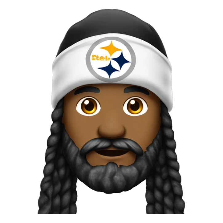 A man with a long beard wearing Steelers football beanie  sticker