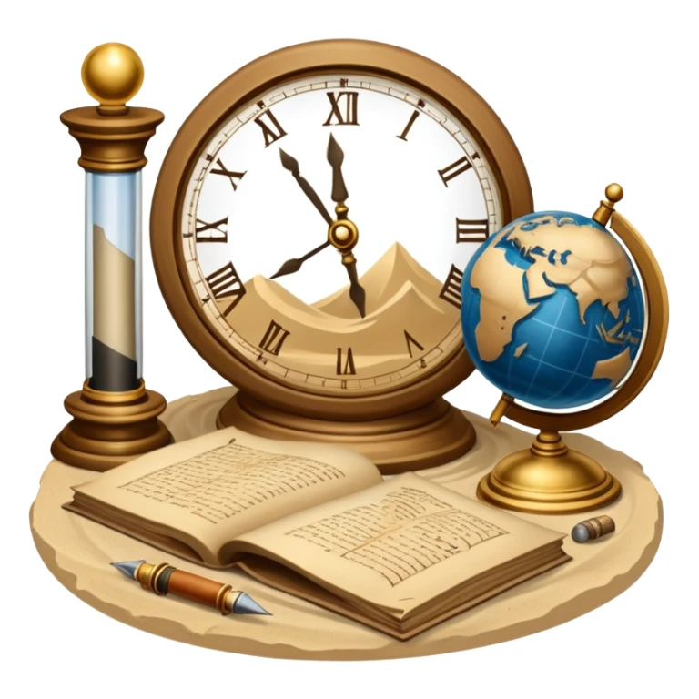 An icon featuring ancient scrolls, a quill pen, and large, old-fashioned sand clocks, symbolizing the study of history. The design includes a globe and a timeline with significant historical events, set against ruins to evoke past civilizations. Transparent background highlights the passage of time. sticker