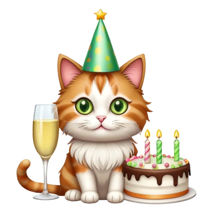 tricolor fluffy cat with big green eyes celebrating her birthday with a cake and champagne sticker