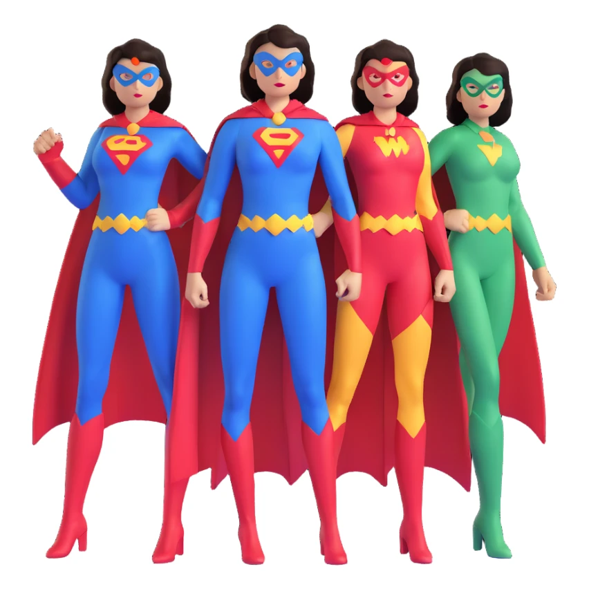 three female superheroes with different powers and costumes sticker